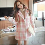 韩国AR粉色格子呢子大衣2014 韩版甜美夹棉冬厚毛呢外套女中长款